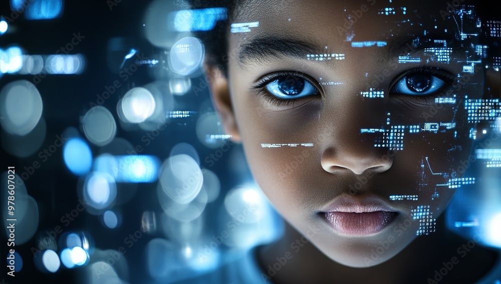 African-American Child with Futuristic AI Background African-American Child with Futuristic AI Background