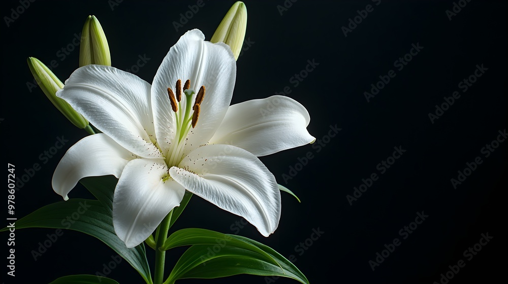 A serene white lily against a black backdrop, with delicate, detailed petals softly illuminated, exuding a sense of purity and tranquility A serene white lily against a black backdrop, with delicate, detailed petals softly illuminated, exuding a sense of purity and tranquility