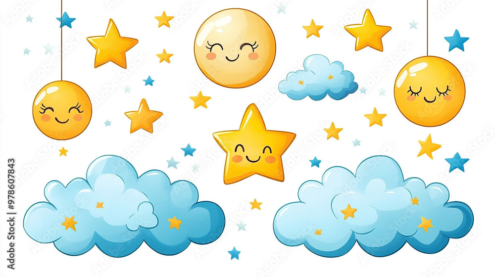 A whimsical illustration of cheerful clouds, smiling stars, and a glowing moon, perfect for children's themes and joyful decor. A whimsical illustration of cheerful clouds, smiling stars, and a glowing moon, perfect for children's themes and joyful decor.