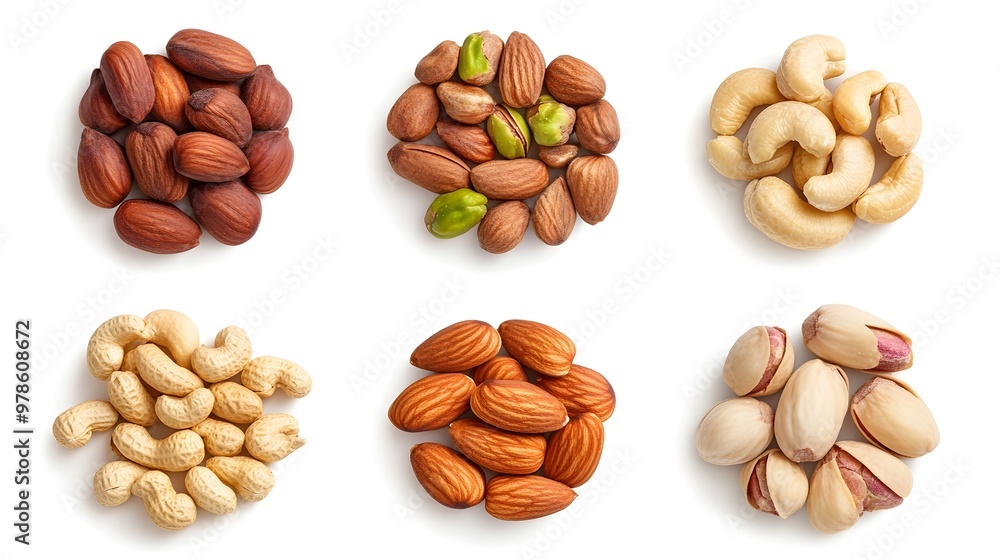 Assortment of Six Nutritious Nut Varieties Arranged on a Plain Background Assortment of Six Nutritious Nut Varieties Arranged on a Plain Background