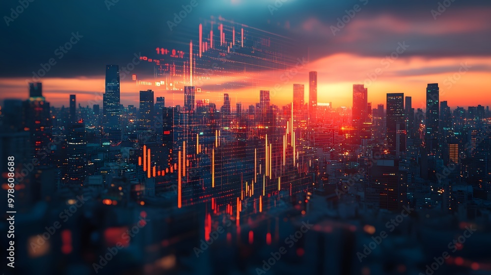 Fototapeta premium Virtual trading interface hovering over a blurred city skyline, symbolizing business growth and market trends.