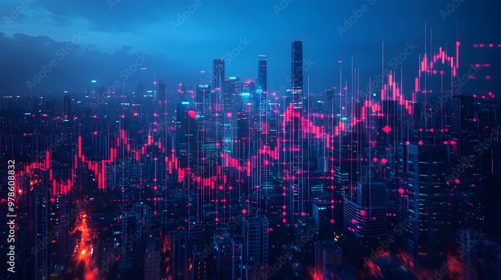 Virtual financial chart overlay on a city skyline, symbolizing business growth and market trends. Virtual financial chart overlay on a city skyline, symbolizing business growth and market trends.