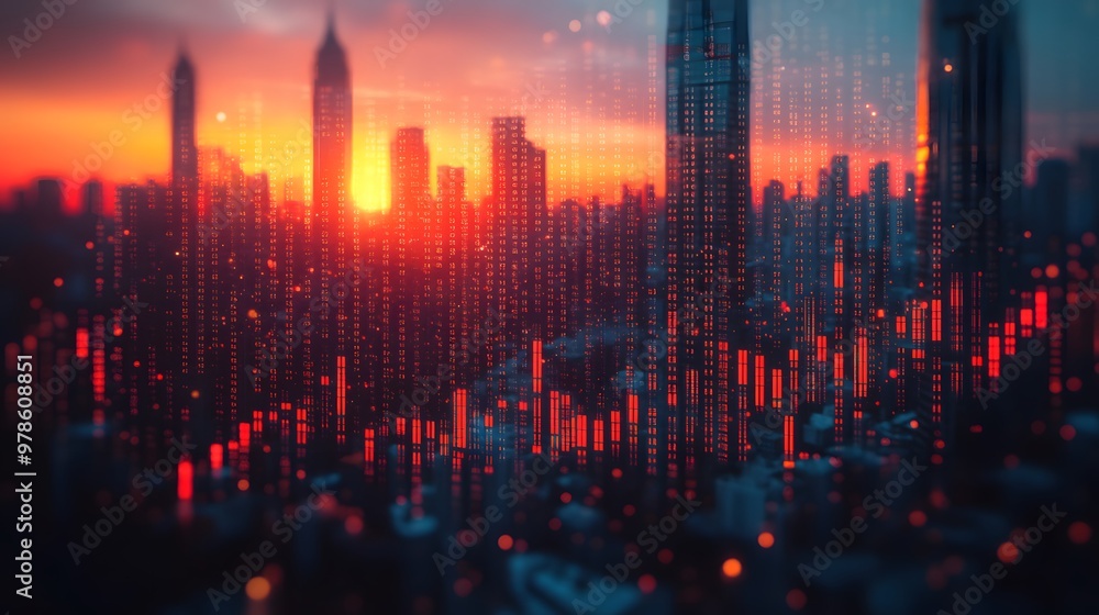 Abstract financial graphs superimposed on a blurry urban background, representing global trading growth. Abstract financial graphs superimposed on a blurry urban background, representing global trading growth.