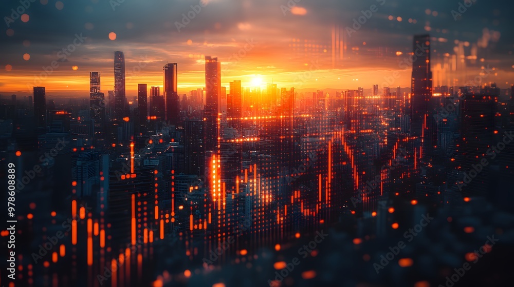 Abstract financial graphs superimposed on a blurry urban background, representing global trading growth. Abstract financial graphs superimposed on a blurry urban background, representing global trading growth.