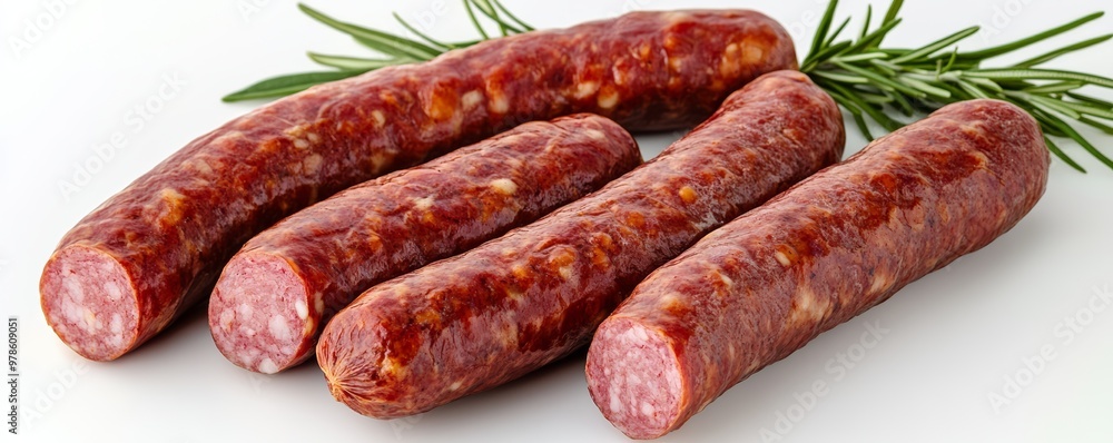 Raw sausage links, grocery meat, top view, realistic texture, isolated on white background Raw sausage links, grocery meat, top view, realistic texture, isolated on white background