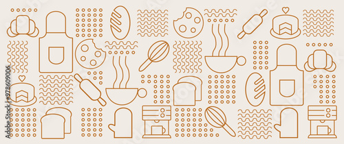 Hand drawn illustration of Bakery and Coffee. Icons. Abstract geometric line background. Gold luxury. Pattern for cover design, food package, menu, background, café wall, coffee shop, web banner