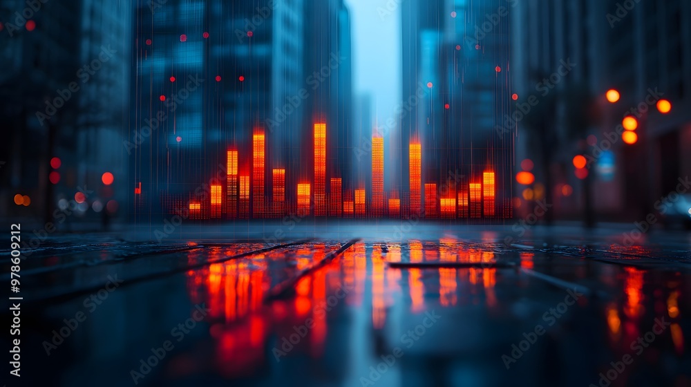 Virtual financial data chart on a blurry cityscape, representing modern trading and global market trends.