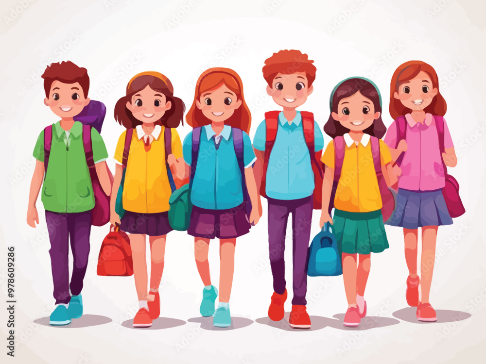Fototapeta premium Back to school with boys and girls going to school illustration
