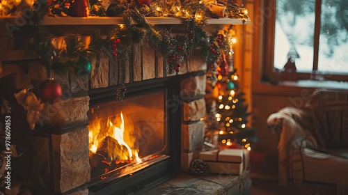 A cozy fireplace adorned with festive decorations, radiating warmth and holiday spirit in a charming indoor setting.