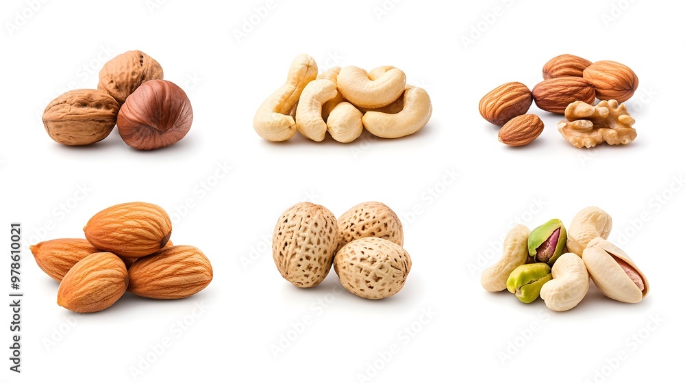 Diverse Assortment of Assorted Nuts on White Background Diverse Assortment of Assorted Nuts on White Background