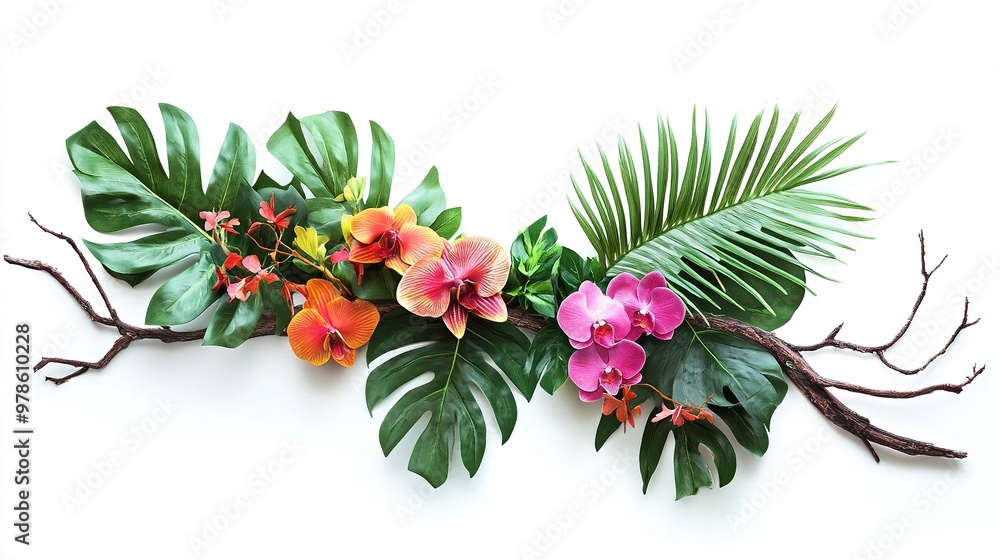 Obraz premium Tropical vibes plant bush floral arrangement with tropical leaves Monstera and fern and Vanda orchids tropical flower decor on tree branch liana vine plant isolated on white background.generative ai