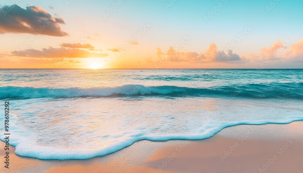 Fototapeta premium Crystal-clear turquoise waters with gentle waves lapping at a pristine beach under a golden sunset