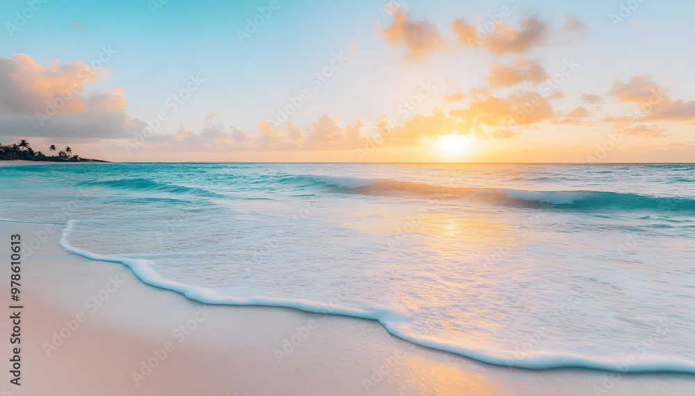 Fototapeta premium Crystal-clear turquoise waters with gentle waves lapping at a pristine beach under a golden sunset