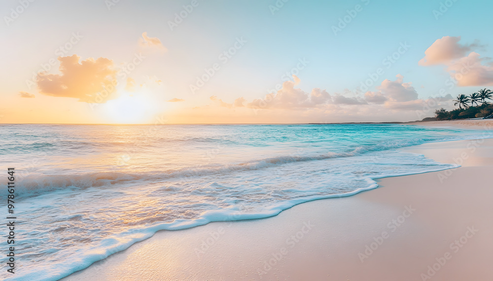Fototapeta premium Crystal-clear turquoise waters with gentle waves lapping at a pristine beach under a golden sunset