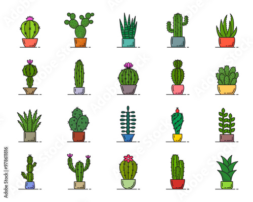 Color Mexican cactus succulent line icons. Vector set of potted desert home cacti plants. Colorful spiky houseplants like barrel and prickly pear cactus, sansevieria snake plant, saguaro and aloe vera photo