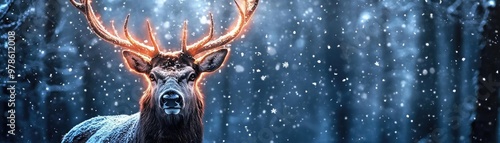 A majestic stag stands in a snowy forest, surrounded by falling snowflakes, embodying the serene beauty of winter wildlife.