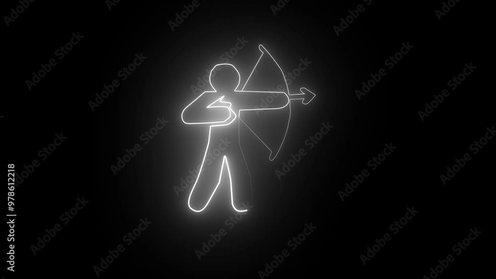 Glowing neon line Bow and arrow icon isolated on black background. boy Silhouette Shooting with Bow Cupid symbol. 4K Video motion graphic animation. Glowing neon line Bow and arrow icon isolated on black background. boy Silhouette Shooting with Bow Cupid symbol. 4K Video motion graphic animation.