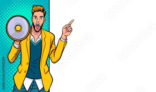 Business man with loudspeaker megaphone announcing discount or sale Special offer shopping time