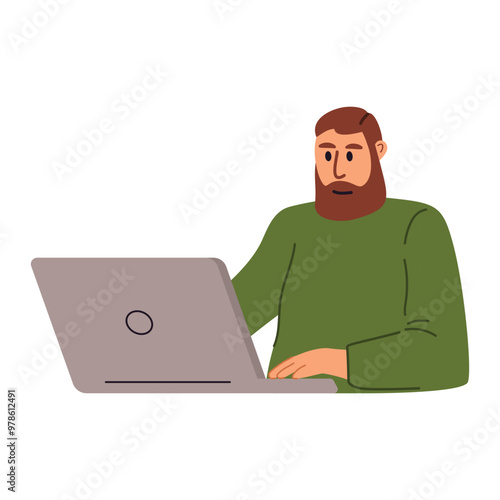 Young bearded man is working on a laptop.Office worker.Person works and studies online.Freelancer guy with laptop.Social media communication.Vector illustration cartoon.