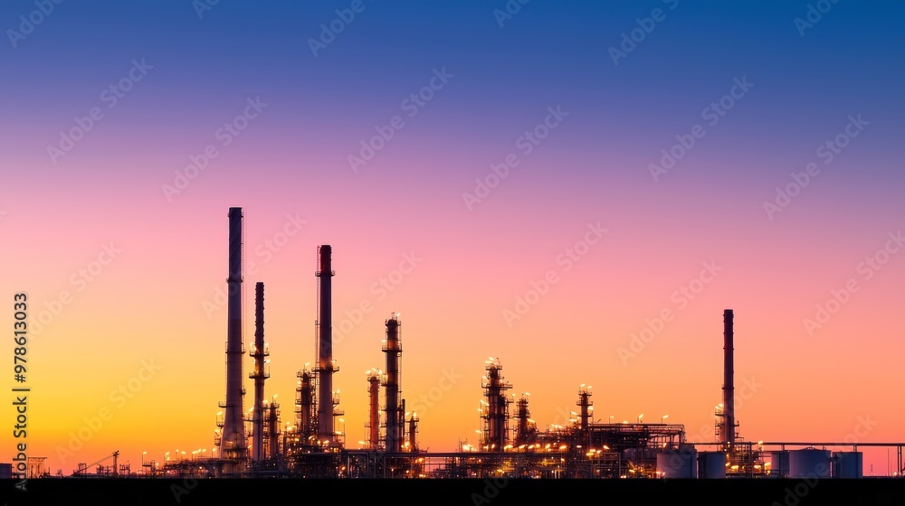 Industrial factory against a sunset backdrop, emitting smoke. Concept of industry, pollution, and energy production. Industrial factory against a sunset backdrop, emitting smoke. Concept of industry, pollution, and energy production.