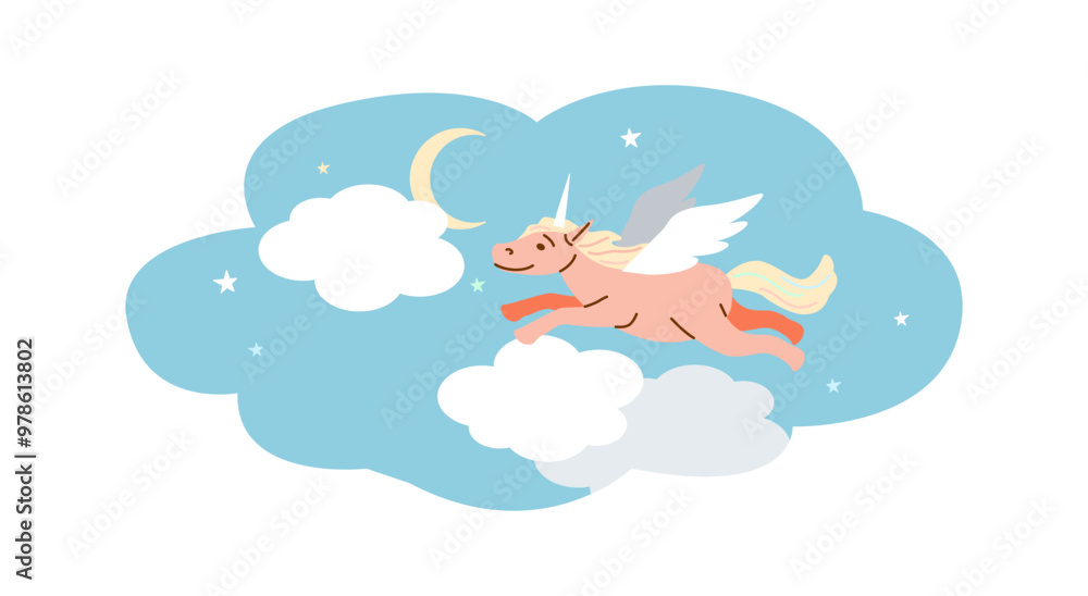 Fototapeta premium Unicorn flying in night sky among clouds flat color vector icon. Dreaming about adventures with fairy tale beasts illustration on white background