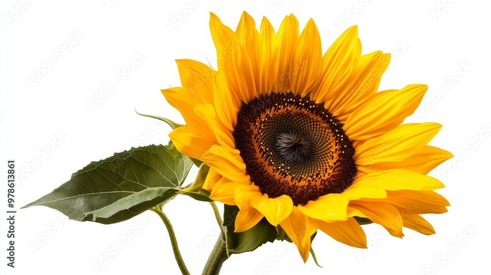 Naklejka premium Bright sunflower in full bloom, centered and isolated on white background, bold yellow petals surrounding a rich dark center, ideal for nature-inspired designs.