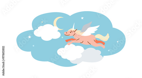 Unicorn flying in night sky among clouds flat color vector icon. Dreaming about adventures with fairy tale beasts illustration on white background