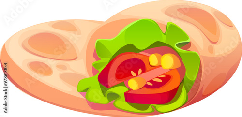Wrap filled with fresh vegetables and greens. Isolated cartoon vector shawarma or burrito roll preparation cooking process with appetizing tortilla, tomatoes and lettuce healthy culinary ingredients