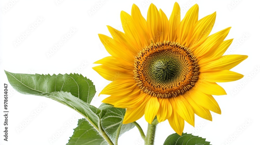 Bright yellow sunflower with green leaves, positioned on a solid white background, ideal for summer or botanical illustrations. Bright yellow sunflower with green leaves, positioned on a solid white background, ideal for summer or botanical illustrations.