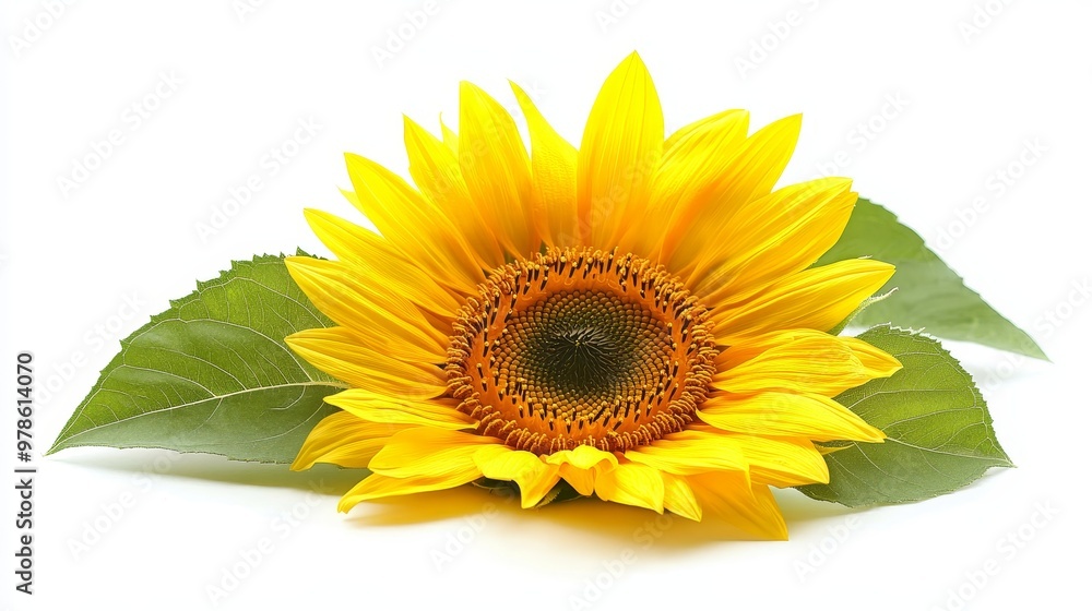 Bright yellow sunflower with green leaves, positioned on a solid white background, ideal for summer or botanical illustrations. Bright yellow sunflower with green leaves, positioned on a solid white background, ideal for summer or botanical illustrations.