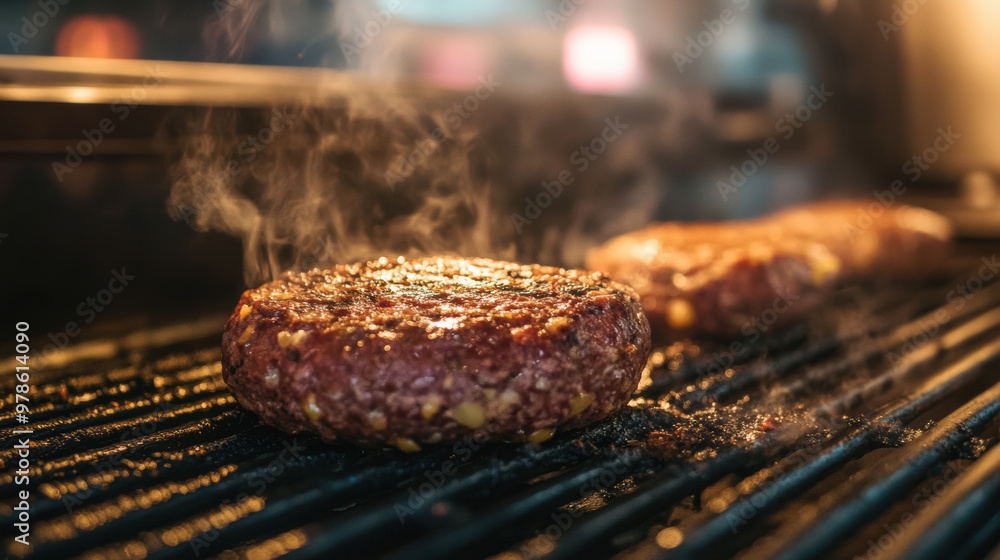 Grilled plant based burger sizzling on grill, releasing delicious steam Grilled plant based burger sizzling on grill, releasing delicious steam