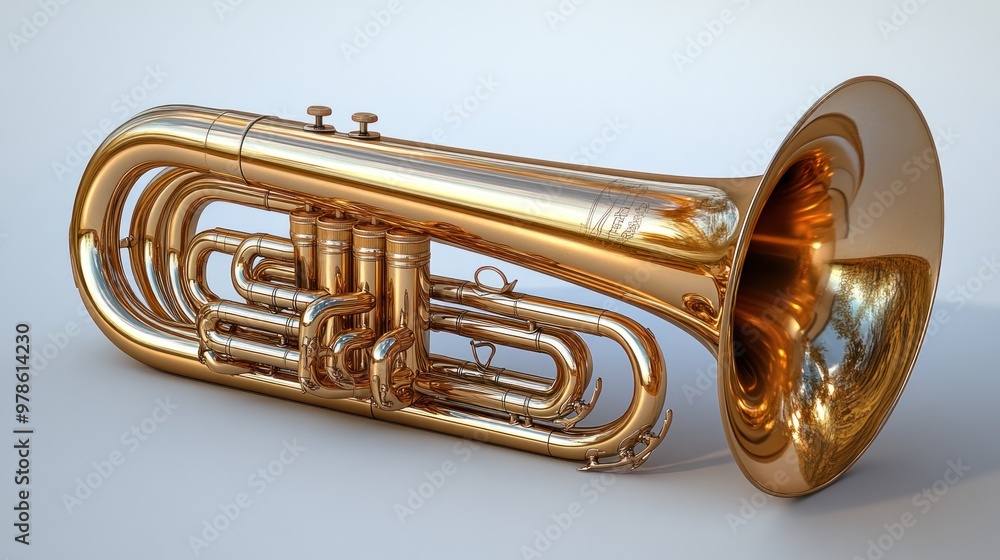 Obraz premium A shiny brass tuba displayed on a light background.