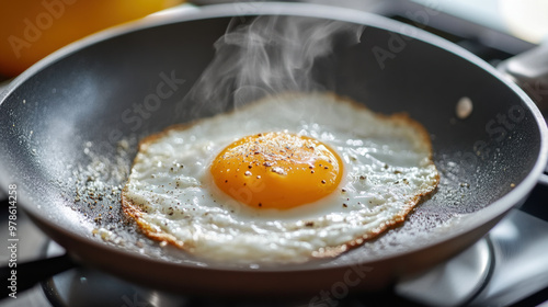Fried egg sizzling in pan with steam rising, creating delicious aroma