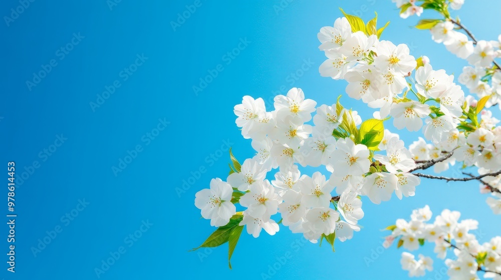 A cluster of cherry blossoms on a branch, sharp focus, set against a bright blue sky, on solid white background, single object A cluster of cherry blossoms on a branch, sharp focus, set against a bright blue sky, on solid white background, single object