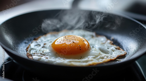 A delicious fried egg sizzling in pan, releasing steam and aroma