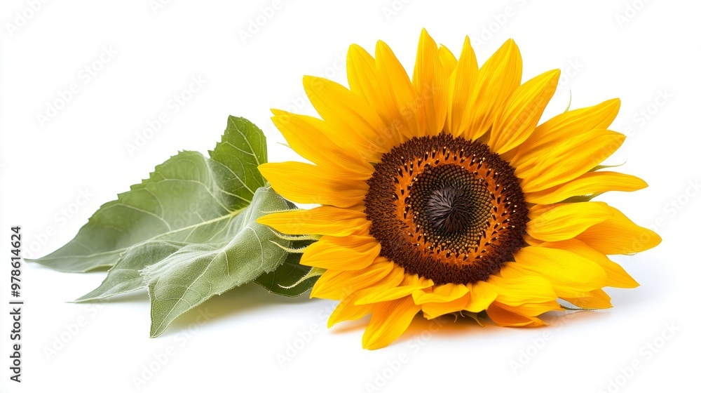 Obraz premium A single sunflower in full bloom, with vivid yellow petals and a deep brown center, isolated on a pure white background, perfect for summer-inspired visuals.