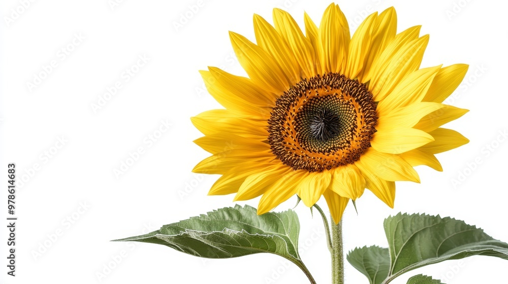A single sunflower in full bloom, with vivid yellow petals and a deep brown center, isolated on a pure white background, perfect for summer-inspired visuals. A single sunflower in full bloom, with vivid yellow petals and a deep brown center, isolated on a pure white background, perfect for summer-inspired visuals.