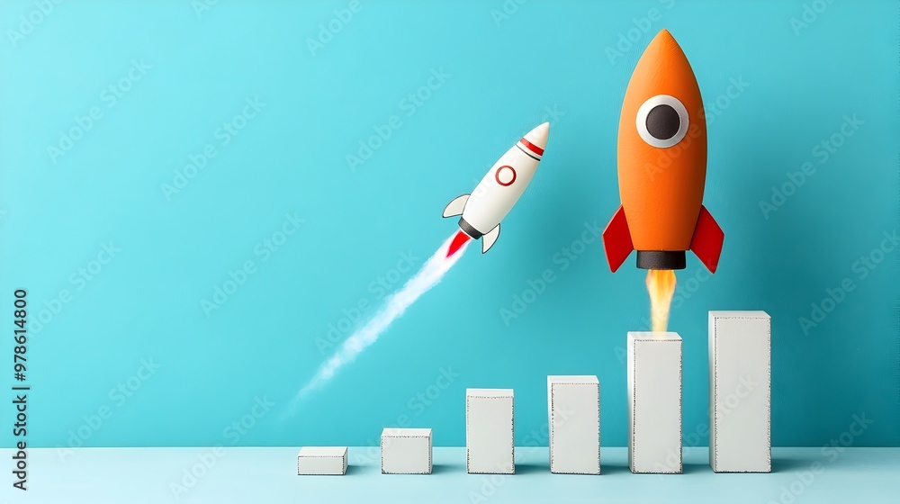 Rocket Launching from Bar Graph Represents Market Share Growth Rocket Launching from Bar Graph Represents Market Share Growth