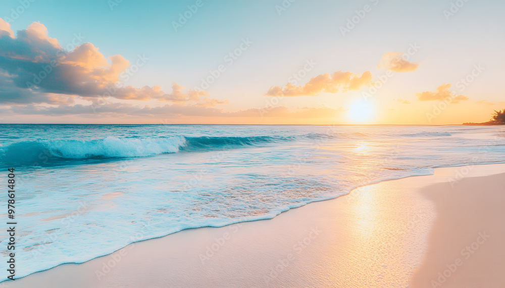 Fototapeta premium Crystal-clear turquoise waters with gentle waves lapping at a pristine beach under a golden sunset