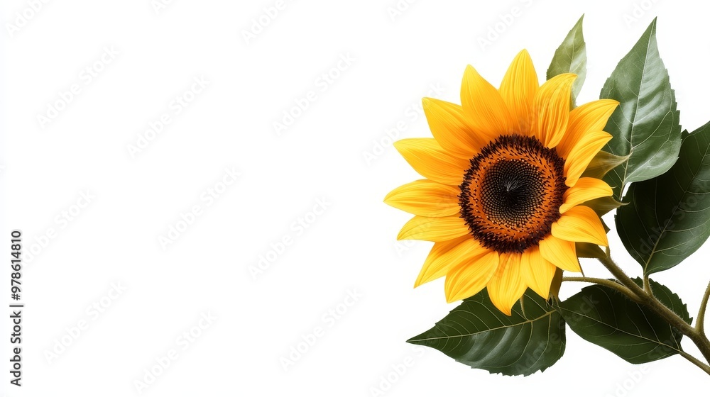 Fototapeta premium A single sunflower with bright yellow petals and large green leaves, isolated on a solid white background, high contrast, perfect for nature-themed designs.