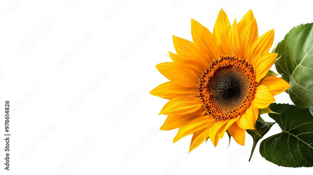A single sunflower with bright yellow petals and large green leaves, isolated on a solid white background, high contrast, perfect for nature-themed designs. A single sunflower with bright yellow petals and large green leaves, isolated on a solid white background, high contrast, perfect for nature-themed designs.