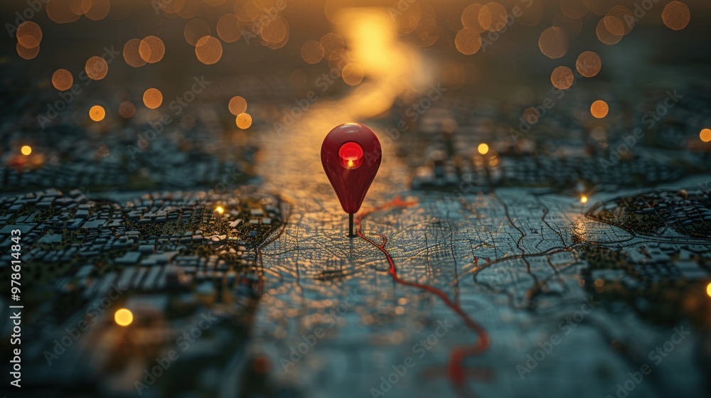 Red pin on a map with a glowing city skyline in the background. Red pin on a map with a glowing city skyline in the background.