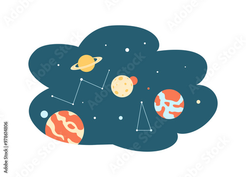 Outer space with planets and constellations flat color vector icon. Exploring cosmos depth science illustration on white background