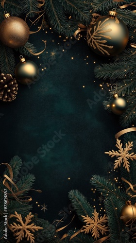 Festive Christmas border with gold ornaments, pine branches, and ribbons, dark green background