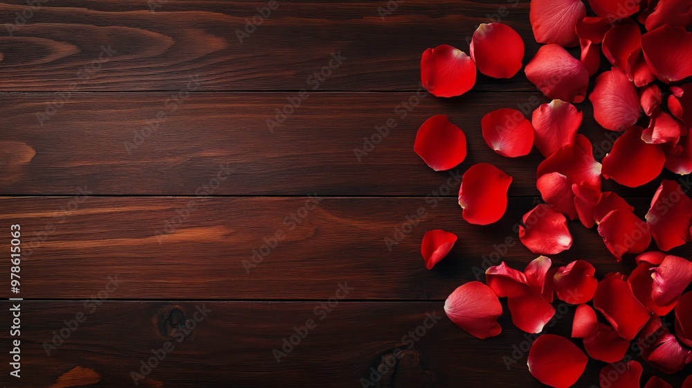 An overhead shot of rose petals scattered across a dark wooden surface on a solid white background, single object An overhead shot of rose petals scattered across a dark wooden surface on a solid white background, single object