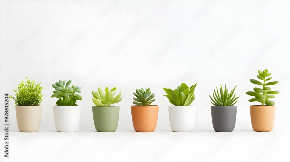Six Diverse Potted Plants Neatly Arranged on a White Surface Six Diverse Potted Plants Neatly Arranged on a White Surface