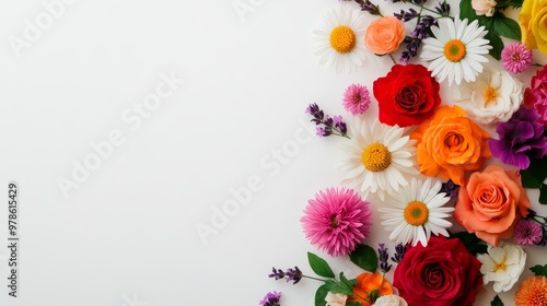 Bright and cheerful flowers such as roses, daisies, and lavender arranged on a light-colored surface, overhead view, on solid white background, single object