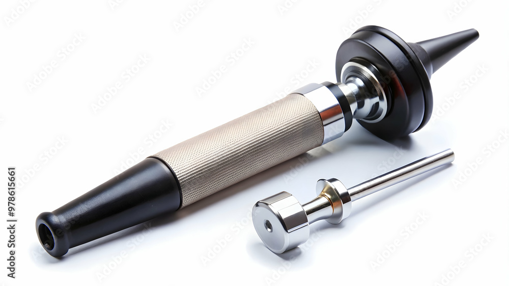 Ear Examination Tool: Medical Otoscope. Diagnostic Instrument: ENT Otoscope on white background. Ear Examination Tool: Medical Otoscope. Diagnostic Instrument: ENT Otoscope on white background.