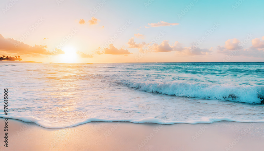 Fototapeta premium Crystal-clear turquoise waters with gentle waves lapping at a pristine beach under a golden sunset