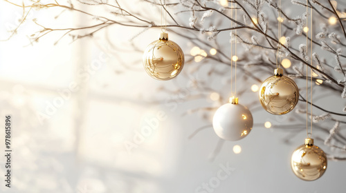 Minimalist gold ornaments hanging from modern geometric branch create serene and festive atmosphere. soft lighting enhances elegance of decorations
